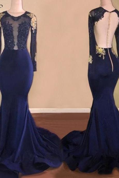 Long Prom Dresses 2018 Sexy Mermaid Sheer Back Long Sleeve Top Lace Navy Blue African Girl Prom Dress