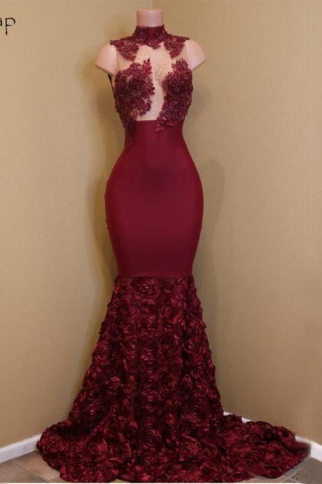 Long Gorgeous Prom Dresses 2018 Sheer Nude Top Lace Mermaid African Flowers Burgundy Party Prom Dress