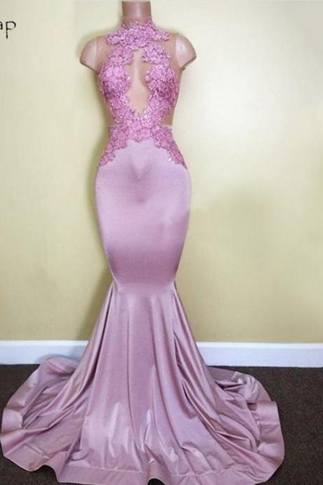 Long Prom Dress 2018 Mermaid Sheer High Neck Sleeveless Top Lace African Floor Length Prom Dress