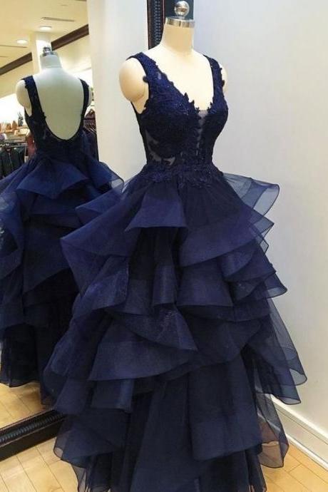 Lace Appliqued See Through Navy Prom Dresses,Long Pageant Dresses
