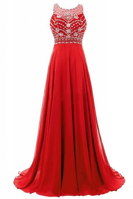 Red Beaded Embellished Sweetheart Illusion Floor Length A-line Prom Dress, Formal Dress