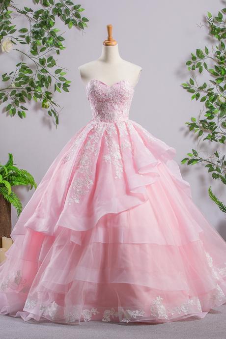 Sweetheart Pink A-line Lace Evening Prom Dresses, Sweet 16 Dresses, Quinceanera Dresses