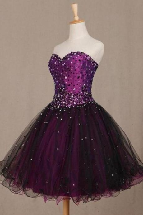 Sweetheart Homecoming Dresses, Purple Short Homecoming Dresses, Beauty Lace Up Beading Short Handmade Strapless Homecoming Dresses