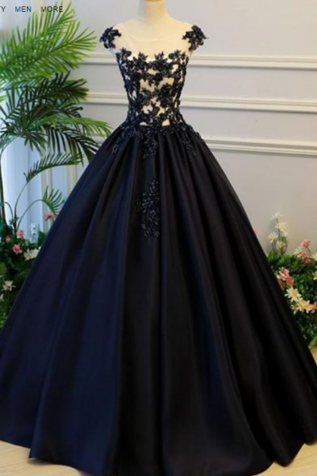 Black Sheer Round Neck Lace Appliqués Satin Princess Ball Gown, Prom Dress, Evening Dress Featuring Lace-up Back