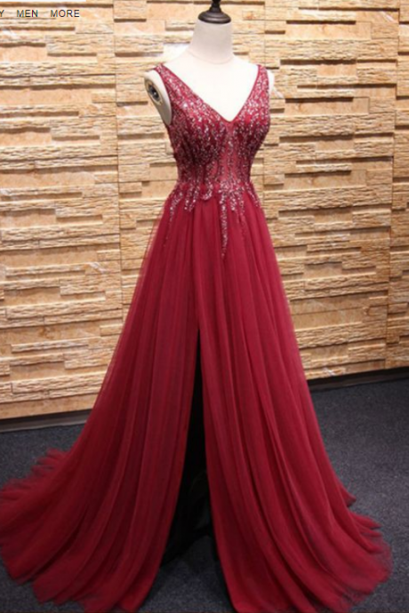 Red Lace Appliqués Plunge V Sleeveless Floor Length Tulle A-line Formal Dress, Prom Dress