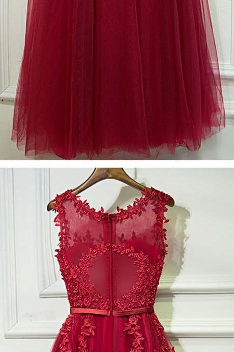 Red Formal Sleeves Tulle Applique Cheap Long Prom Dresses