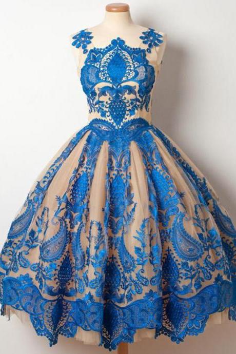 Vintage Homecoming Dress Royal Blue Appliques Tulle Short Prom Dress Party Dress Jk335