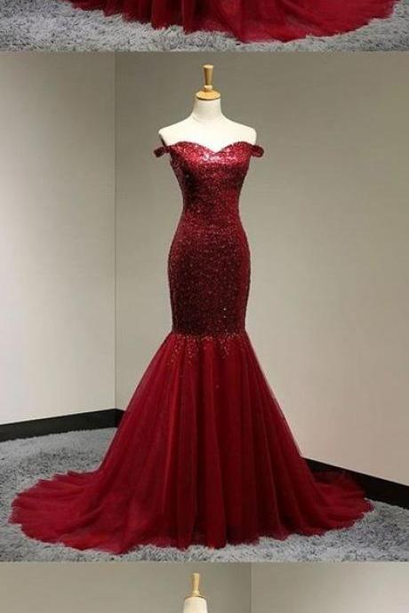 Burgundy Sequins Sweetheart Mermaid Evening Dress Off Shoulder Prom Gowns