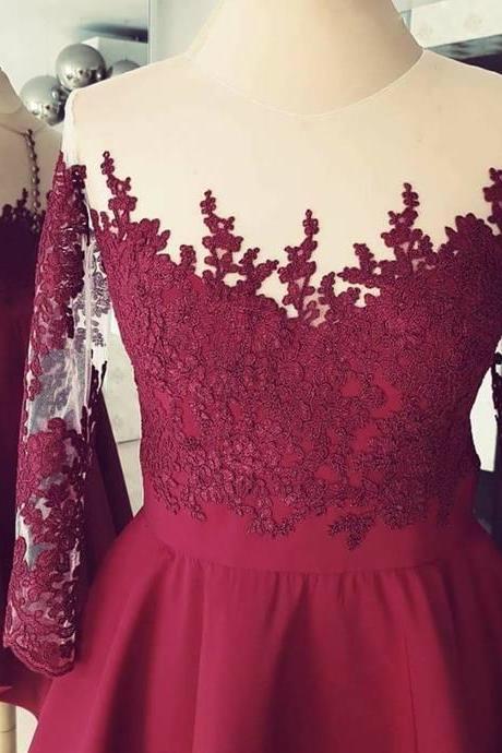 Burgundy High Low ,applique Sleeves ,lace Homecoming Dress,short Prom Dress,formal Gowns,custom Made , Fashion