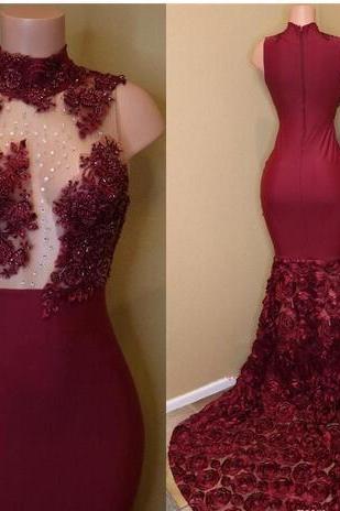 Burgundy Lace Prom Celebrity Dresses with Major Beading Top Roses 3D Flowers Bottom High Neck Sexy Sheath Sleeveless Evening Gowns