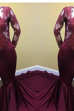 See Through Sheer Long Sleeve O neck Pearls Prom Dress with Lace Satin New Arrival Mermaid Burgundy African Prom Dress