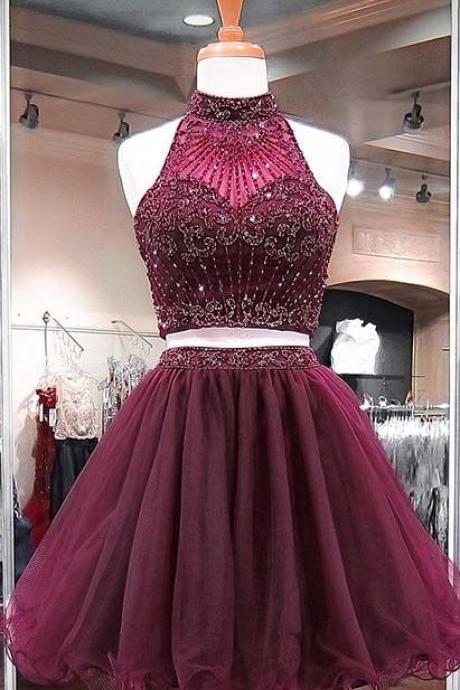 Burgundy Two Piece Homecoming Dress, Beading Stylish Short Tulle Prom Party Gowns