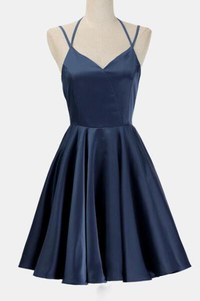 SIMPLE DARK BLUE SPAGHETTI STRAPS SHORT PROM HOMECOMING DRESS PARTY GOWNS
