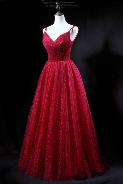 Unique Red Tulle V Neck Spaghetti Long Evening Dress, Party Dress From Sweetheart Dress