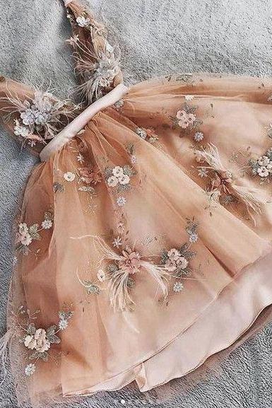 Princess V Neck Champagne Tulle Short Prom Dress With Handemade Flower