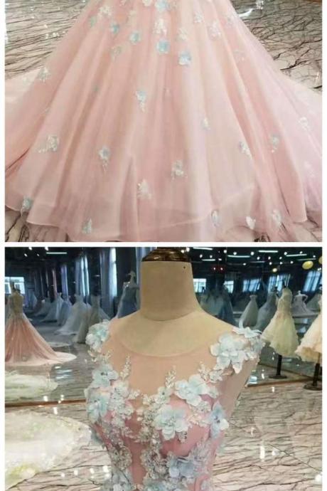 Floral Prom Dresses Pink Color With Handmade Flowers And Beads