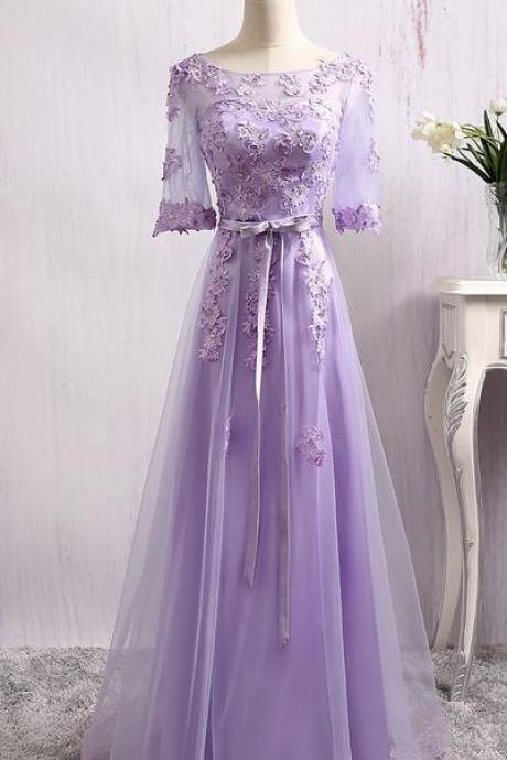 Sheer Lace Appliqués A-line Floor-Length Prom Dress, Evening Dress With Sleeves