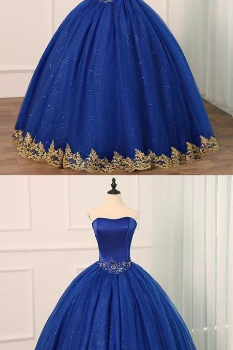 Prom Dress Ball Gown, Royal Blue Tulle Strapless Long Beaded Formal Prom Dress