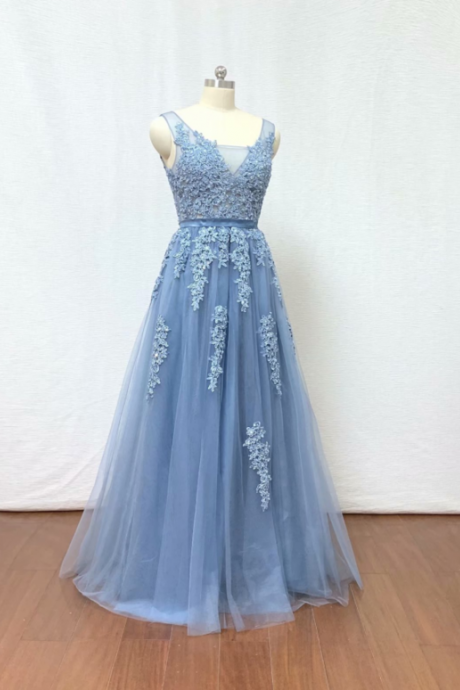 Prom Dress Light Blue Lace Applique Formal Dresses Evening Dresses Backless Tulle Prom Gowns
