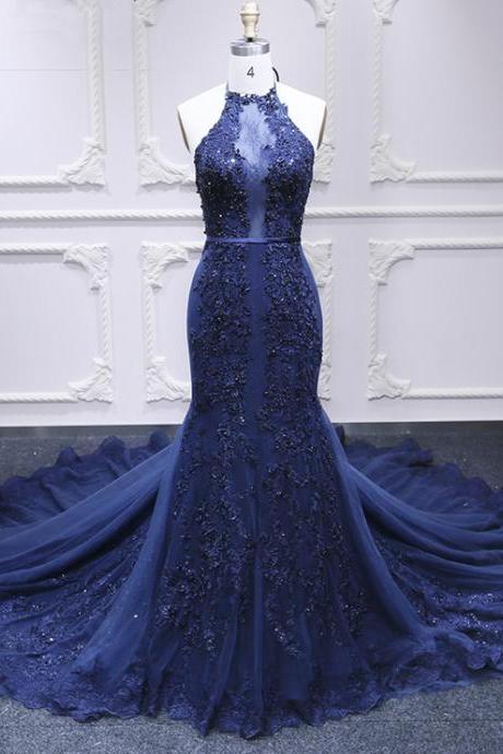 Navy Blue Tulle Backless Sweep Train Mermaid Evening Dress, Lace Prom Gown