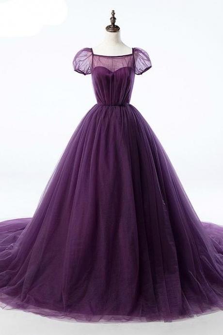 Purple Ball Gown Tulle Short Sleeve Backless Train Wedding Dress 