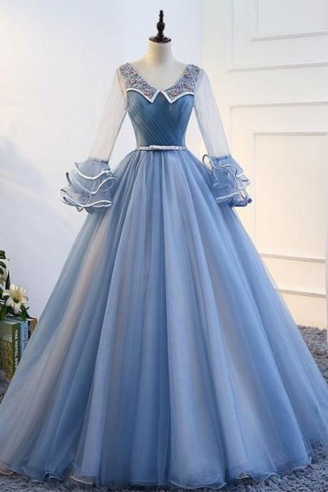 Blue Long Sleeve Tulle Quinceanera Dresses
