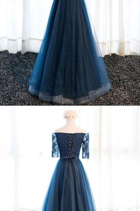 Navy Blue Lace Long Prom Dress, Lace Evening Dress
