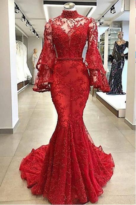  Mermaid Evening Dresses | High Neck Lace Sheer Tulle Appliques Prom Dresses