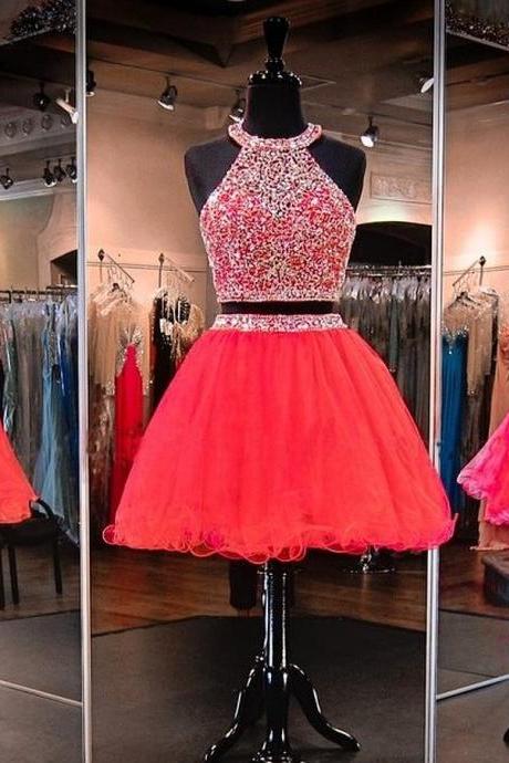 2015 Party Dresses and tull home dresses Women's Halter Rhinestoned Beading Ruffles Tulle Two Piece Homecoming Dress wedding gowns