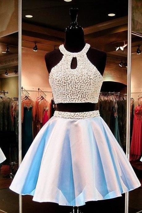 2015 Prom Gowns And Party Drresses Of Women&amp;amp;#039;s High Halter Beaded With Pearls Keyhole Back Two Piece Homecoming Dress