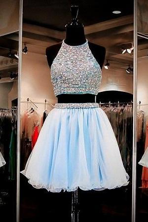 2015 prom gowns and party drresses of Women'sWomen's Halter Rhinestones Beading Waistline Two Piece Short Homecoming Dress