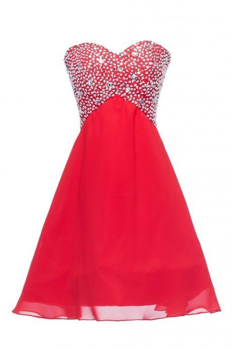 Red Beaded Sweetheart Neckline Chiffon Knee Length Bridesmaid Dress, Homecoming Dress