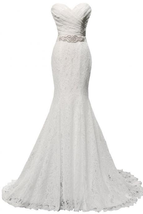 White Ruched Sweetheart Neckline Lace Wedding Dress with Beaded Waistline
