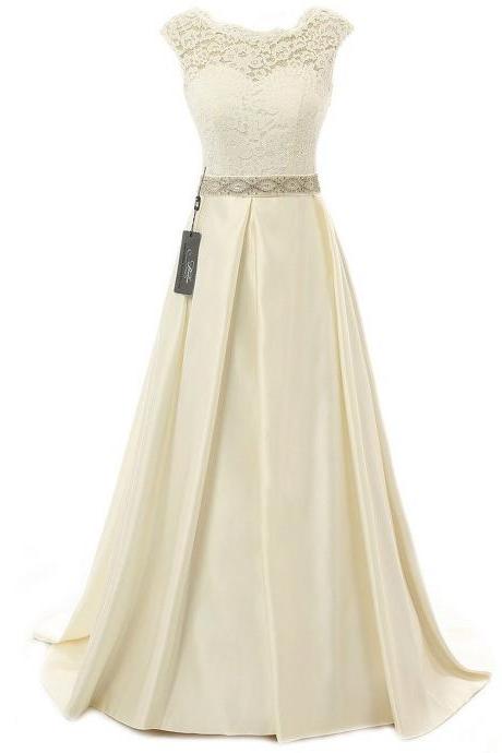 Ivory White Floor-length A-line Satin Wedding Dress with Lace Bodice and Open Back