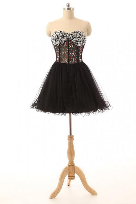Black Sort Tulle Homecoming Dress Featuring Crystal Embellished Sweetheart Bodice