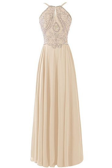 Prom Dresses Chiffon Prom Dress Long Halter Bridesmaid Gown With Beads Champagne