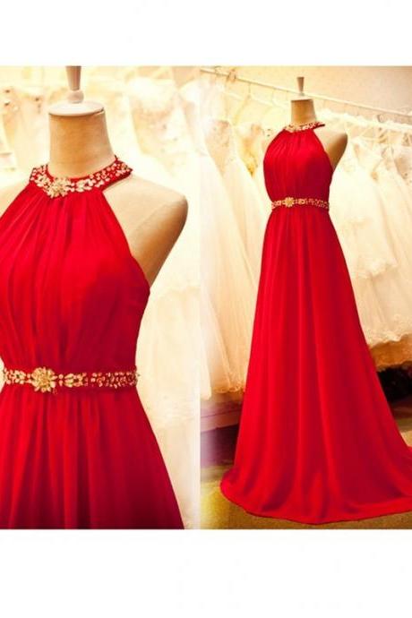 Beautiful Halter Red Long Chiffon Prom Dress With Beadings, Prom Dresses 2016, Red Prom Gowns