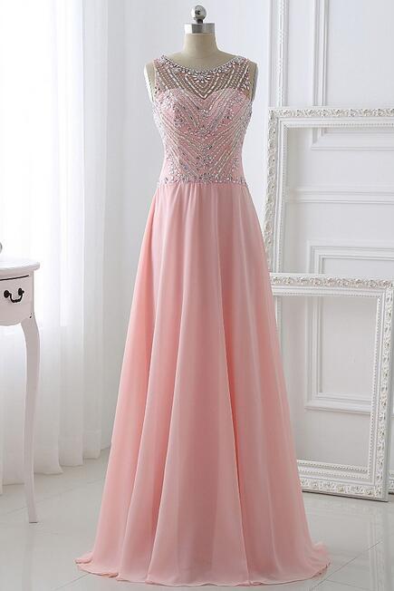 Bridal Dresses Long Chiffon Prom Dresses,pretty Pink Beading Prom Dress,a-line Evening Dresses