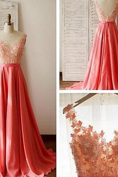 Custom Made Long Lace Prom Dresses,Watermelon V-neck Evening Dresses, Chiffon Prom Dress, Prom Gowns,Backless Party Prom Dresses For Teens