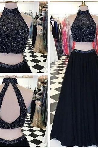 2016 Design Long Two Pieces Black Halter Prom Dresses, Prom Gowns,modest Evening Dresses,open Back Party Dresses, Charming Prom Dress