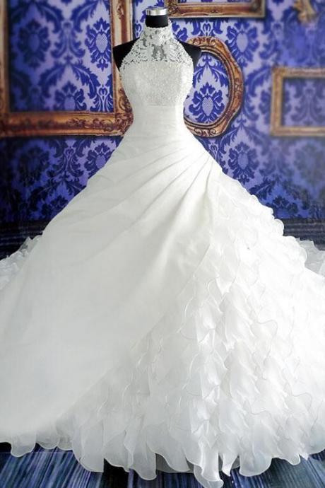 Custom-made !charming Ball Gown High Neck Sleeveless Pearl Chapel Train Appliques Floor-length Organza Wedding Dresses