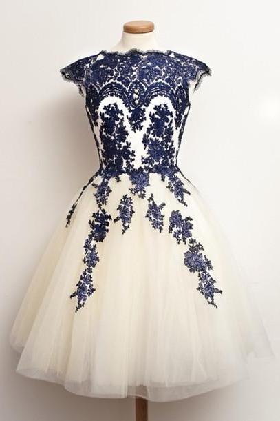 Custom Round Neck White And Nevy Blue Short Lace Prom Dresses, Short Dresses For Prom
