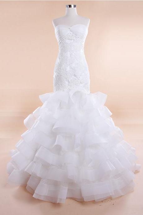 Wedding Dresses, Mermaid Wedding Dress, Elegant Bridal Gown Beading Wedding Gowns, White Lace Bridal Dress, Strapless Sleeveless Floor-length