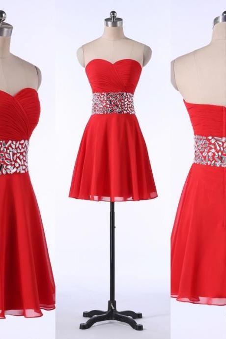 Fashion Red Prom Dresses,sweetheart Homecoming Dresses,knee Length Party Dresses,chiffon Cocktail Dresses,crystals Bridesmaid Dresses