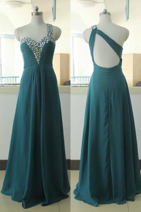 Dark Green Crystal Sequins Chiffon Party Dress Sequins Bridesmaid Prom Dress Custom A-line Wedding Party Gown Sexy One Shoulder Cocktail Backless