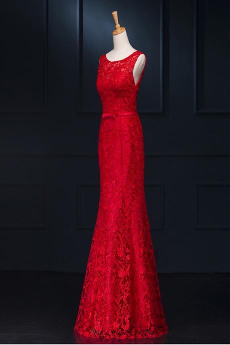 Scoop Neckline Long Red Lace Prom Dresses,sheath Evening Dresses,back Up Lace Prom Dress,open Back Prom Gowns.
