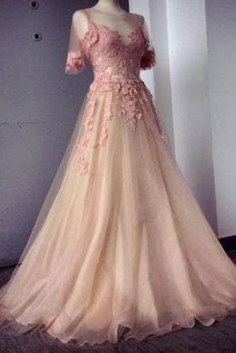 2015 Appliques And Tulle Prom Dresses, Floor-length Prom Dresses, Sexy Prom Dresses, Half Sleeve Prom Dresses, Charming Evening Dresses,