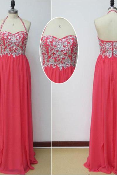 Charming Evening Dress，prom Dress For Prom, Appliques Chiffon Prom Dress,halter Prom Dress，dresses For Evening,