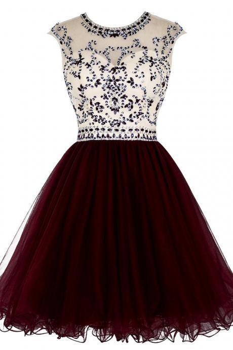 Short Tulle A-line Homecoming Dress Featuring Crew Neck Cap Sleeves Beaded Embellished Bodice