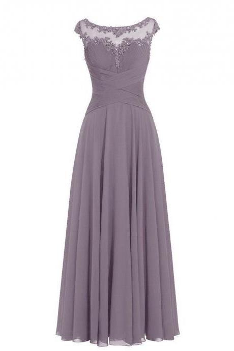 Long Chiffon Evening Dress Featuring Floral Lace Appliqué Bodice with Scoop Neckline, and Dainty Cap Sleeves 